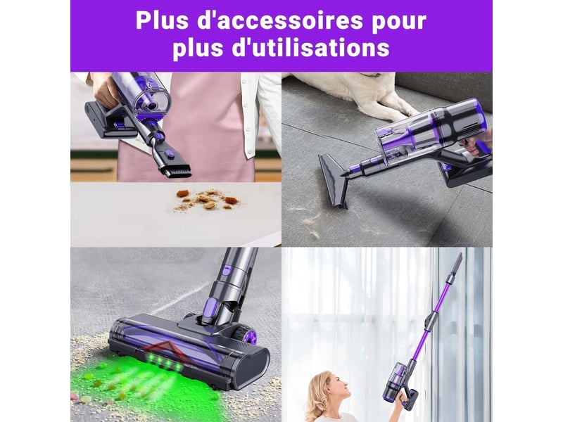  Aspirateur balai blossom dsv112a-sans fil pliable-253555kpa 65min-écran led-lampe vert anti-poussière cachée-violet  - Conforama D