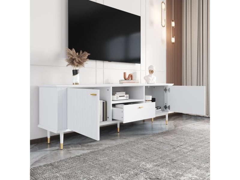  Meuble tv moderne avec rangements ouverts et tiroirs – surface laquée structurée, charnières soft-close  - Conforama E