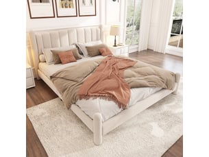 Lit adulte rembourré 160x200cm,lit double en velours avec tête de lit en forme d'éventail et pieds de support cylindriques,beige