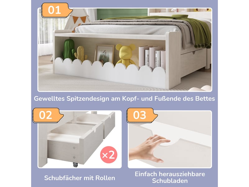 Lit enfant avec tiroirs et rangement, lit coffre 90x200 en bois blanc et chêne clair avec banc intégré et étagères, sommier à lattes - Conforama D