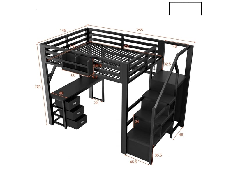  Lit mezzanine 140x200 avec bureau, armoire, 3 tiroirs et éclairage led, métal noir  - Conforama E