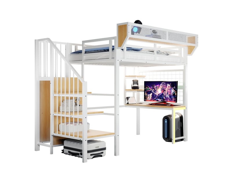 Lit mezzanine métal surélevé 90×200 cm barrières bureau étagère filet rangement échelle sécurité led prise blanc - Conforama D