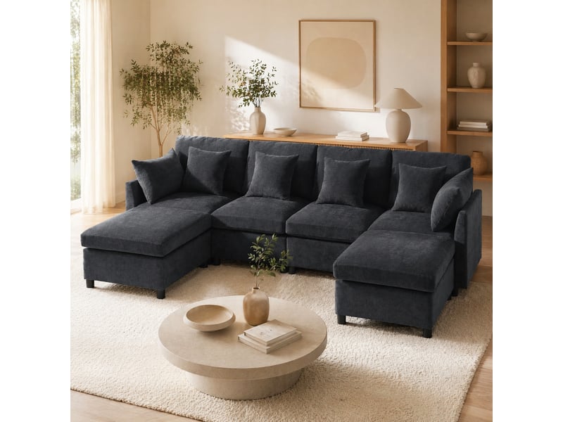 Canapé modulable gris en chenille avec 2 poufs et 6 coussins - Conforama D