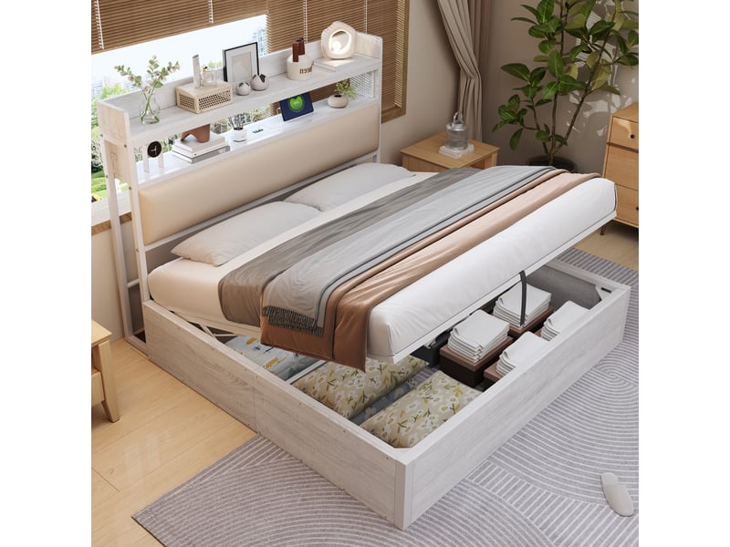  Lit coffre 180x200 cm blanc bois et métal - usb et rangement hydraulique - design moderne  - Conforama B