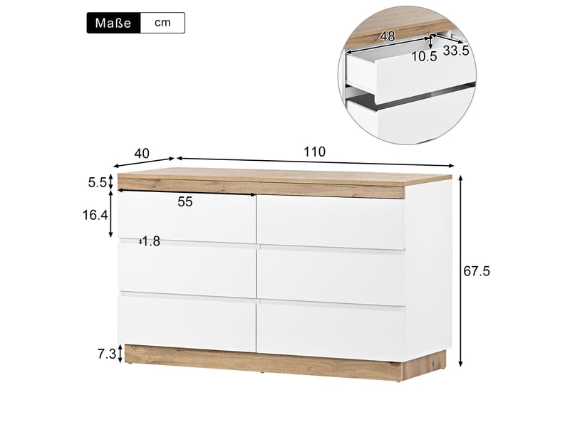  Commode modenvie à 6 tiroirs 110 x 40 x 67,5 cm en panneaux de particules e1 blanc et chêne  - Conforama C
