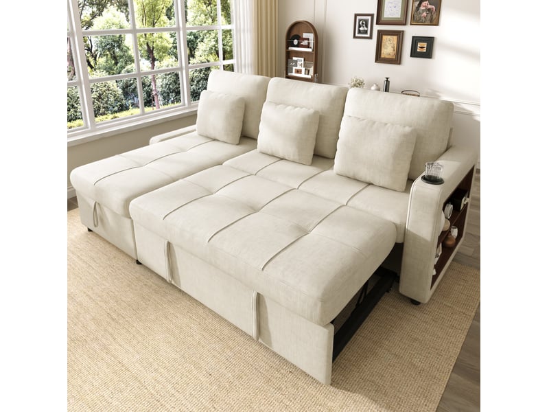  Canapé-lit 3 places modenvie avec méridienne gauche, coffre de rangement, porte-gobelet et étagère ouverte, tissu chenille beige clair, 201,3 x 126,1 x 86,1 cm  - Conforama E