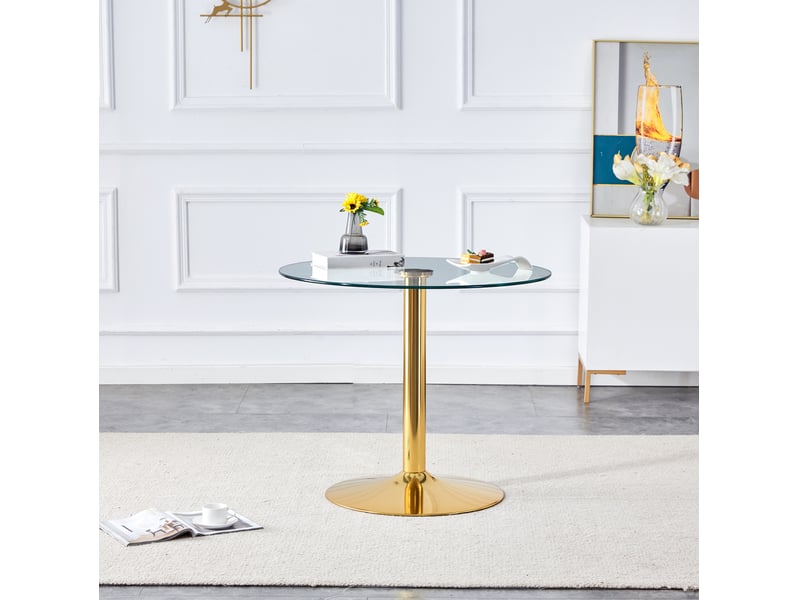 Table de bar ronde en verre trempé 85 cm, pied en métal doré, hauteur 76 cm - Conforama E
