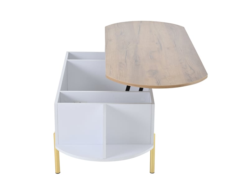  Table basse 120 x 50 x 43 cm, table de salon, table basse avec plateau réglable en hauteur, tables d'appoint, tables de canapé avec rangement dissimulé, table basse à 7 étagères, couleur bois et blanc  - Conforama E