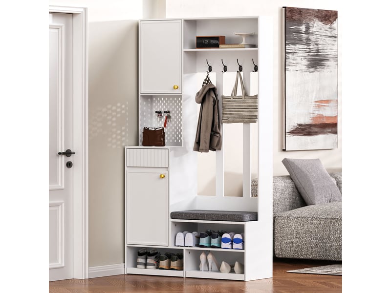  Ensemble armoire, ensemble complet d'armoire d'entrée avec banc, 4 crochets, portes et tiroirs - blanc, dimensions compactes 100×180×35 cm (l×h×p) N657P29427071W - Conforama D