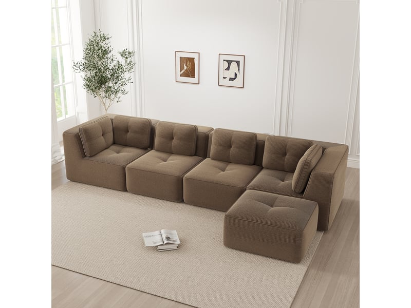  Canapé modulaire 4 places avec assise profonde, coussins moelleux et base antidérapante en velours côtelé marron  - Conforama B