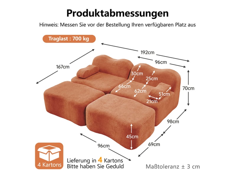  Canapé modulable 2 places orange en velours avec 2 poufs, confort en mousse haute densité pour salon  - Conforama C
