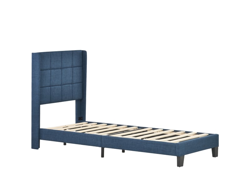  Lit simple capitonné 90x200 cm avec sommier à lattes et matelas à ressorts, bleu  - Conforama A