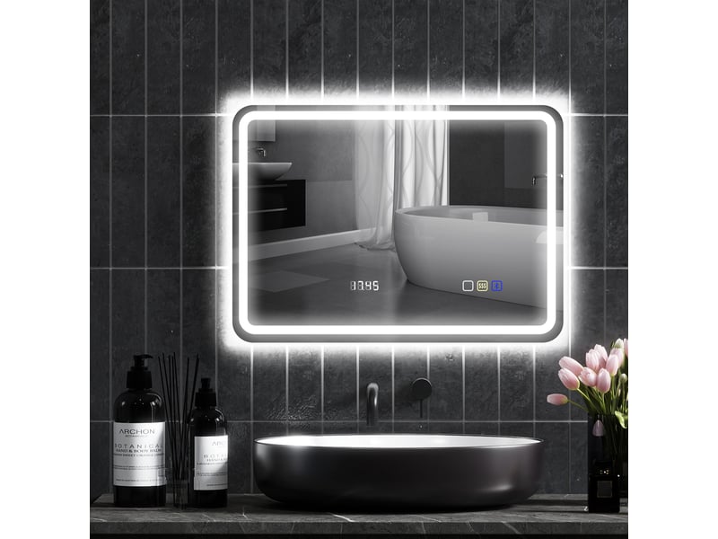 Miroir salle de bain bluetooth avec éclairage led 50 x 70 cm, miroir lumineux mural avec horloge, antibuée, argenté - Conforama D