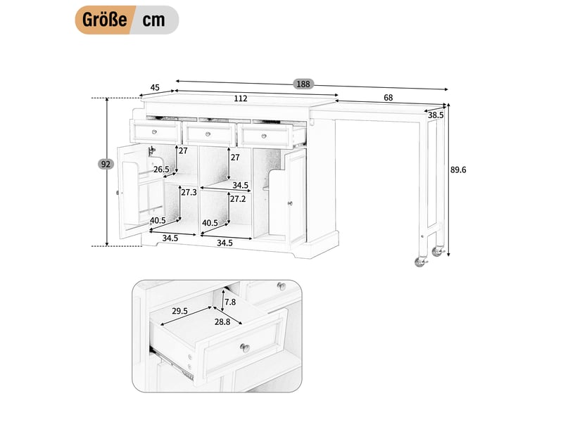  Îlot de cuisine sur roulettes extensible 112-188 cm, îlot central mobile avec étagère à épices et tiroirs, gris  - Conforama D
