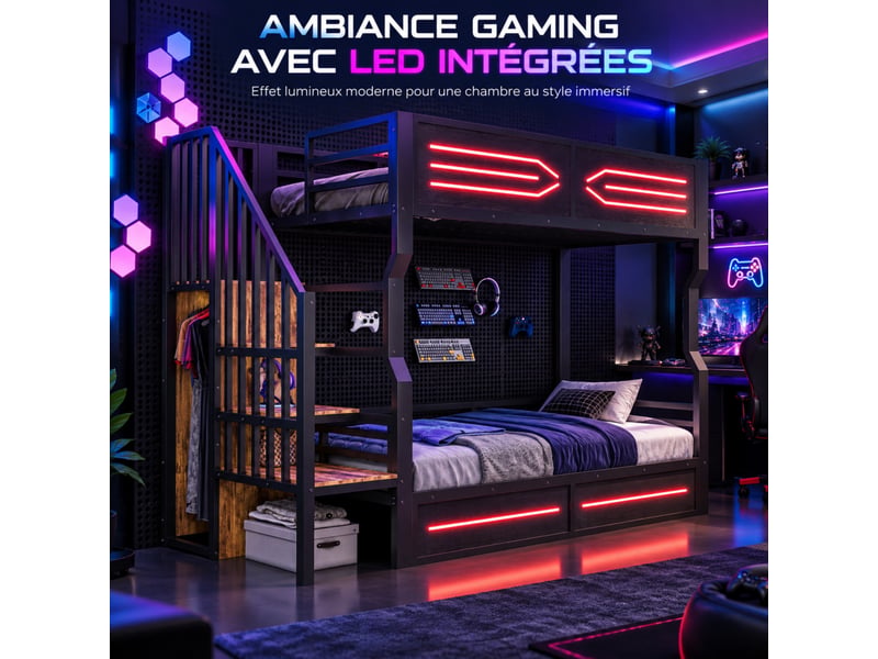  Lit mezzanine 90x200 cm en métal, avec escalier rangement, led et barrières hautes, noir  - Conforama D