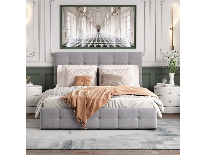  Lit coffre 140*200 cm gris, relevage hydraulique, tête de lit ajustable et sommier métal, tissu velours  - Conforama D