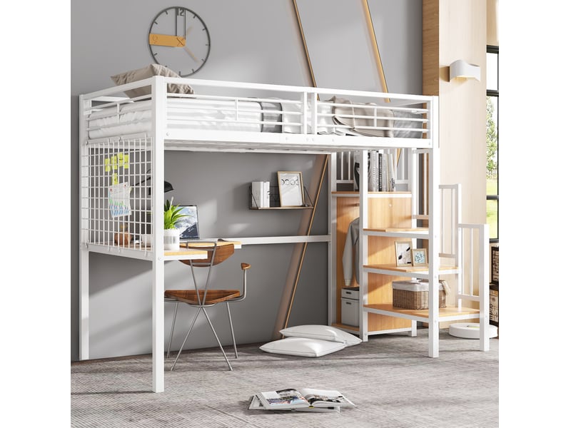  Lit combiné enfant 90x200 cm avec bureau et armoire, blanc et naturel  - Conforama C