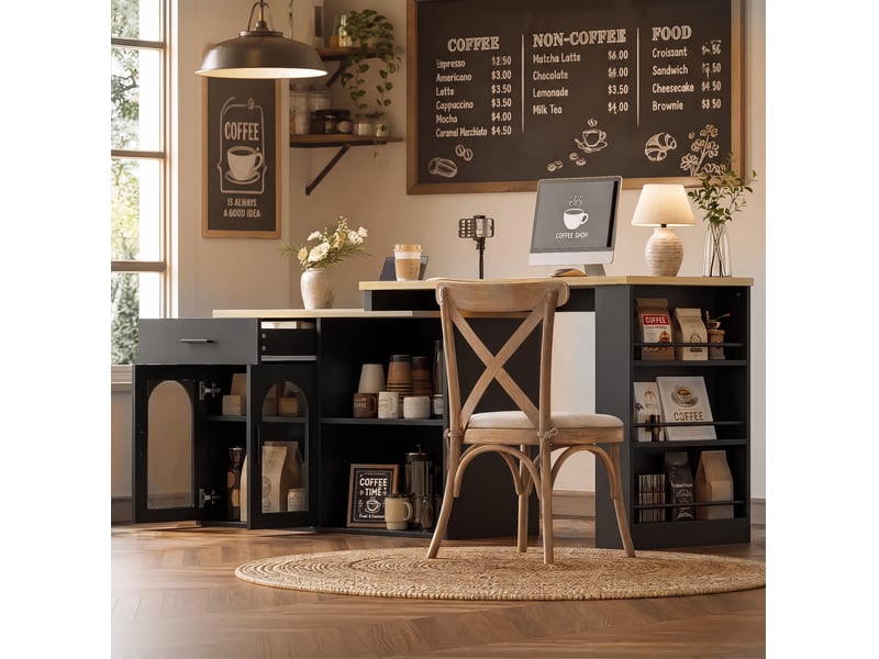  Îlot de cuisine fixe 136 x 50 cm, plateau pivotant à 360°, noir et naturel  - Conforama D