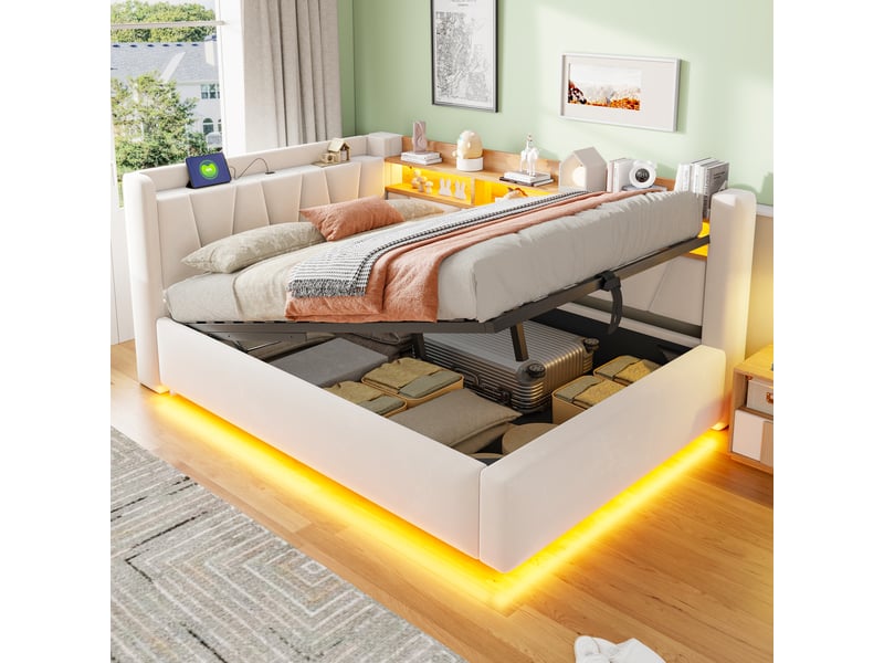 Lit banquette coffre 140 × 200 cm en velours beige, led et usb IKSETERA TRADING LTD - Conforama B