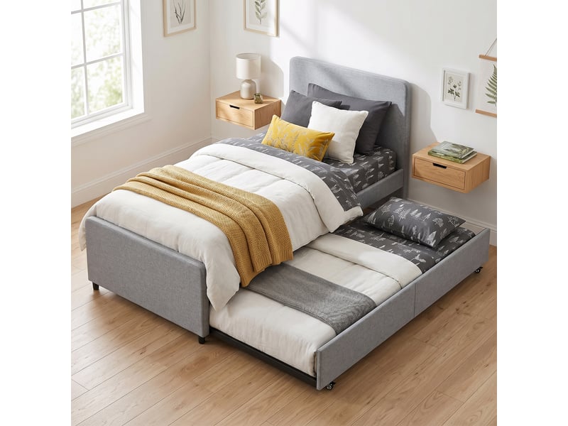  Lit gigogne 90x190 gris clair, cadre de lit simple double avec tête rembourrée  - Conforama R