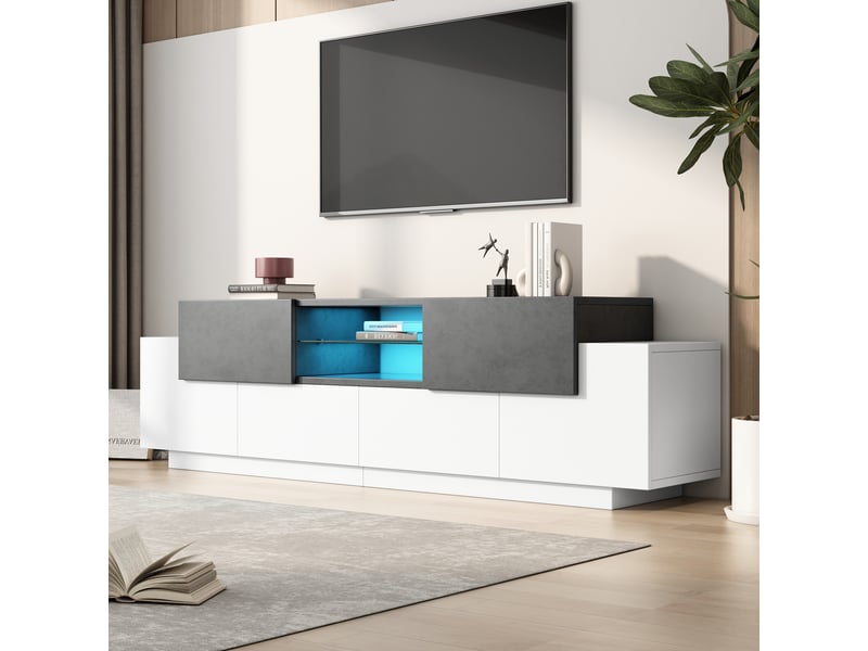  Meuble tv avec 4 portes 2 tiroirs 3 niches et étagère en verre led rgb pour salon blanc et gris 180×40×45 cm  - Conforama C
