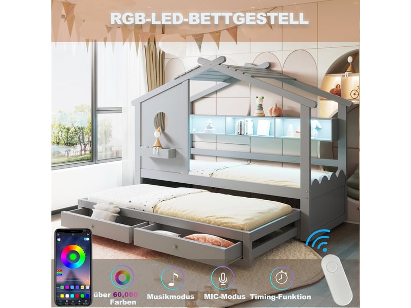  Lit enfant lit simple avec led 90x200 cm avec lit gigogne 90x190 cm lit cabane design en forme de maison avec deux tiroirs et étagères gris  - Conforama C