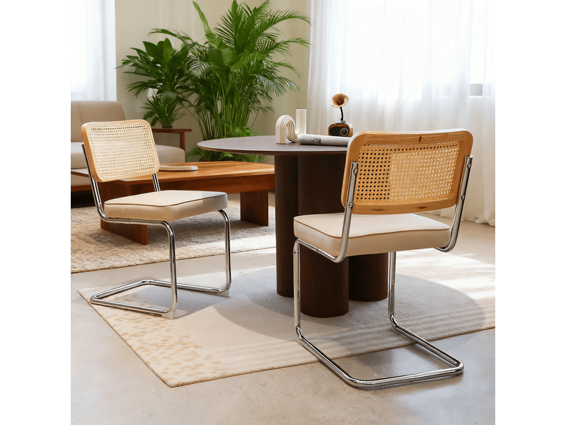  Lot de 2 chaises cantilever en velours gris et cannage pieds en acier chromé style breuer  - Conforama B