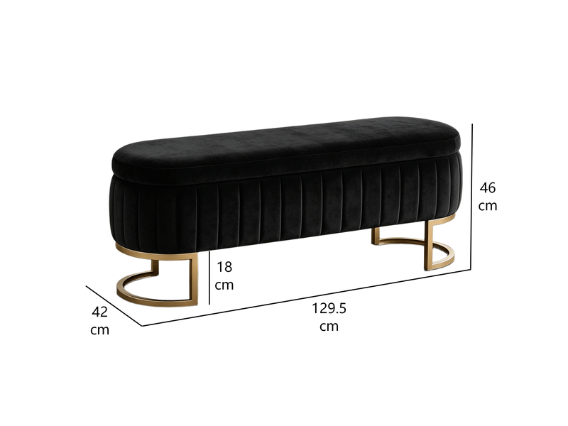  Banc coffre 129,5 x 42 x 46 cm noir, velours, structure bois et métal, rangement intérieur pour chambre  - Conforama C