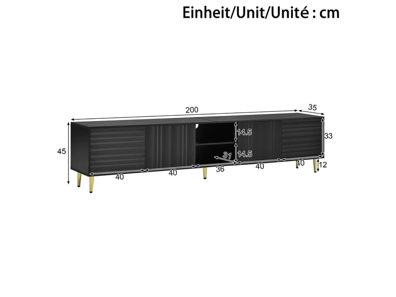  Meuble tv 200 cm 4 portes avec niche ouverte, façades structurées sans poignées, pieds métal, noir  - Conforama C