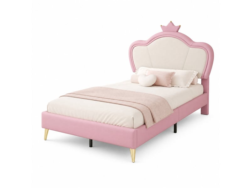  Lit enfant rembourré à couronne 90x200 cm en pu rose et blanc  - Conforama A