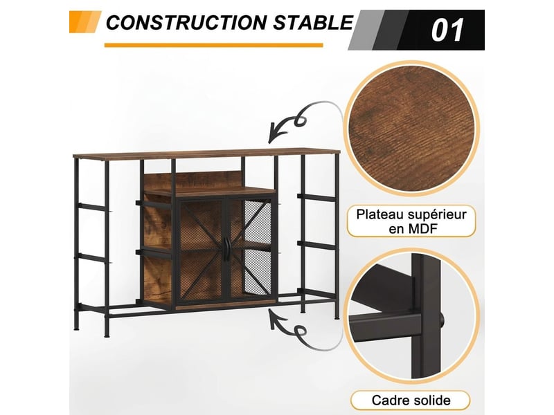  Meuble tv commode 120x30x75 cm six tiroirs tissu portes metal marron rustique  - Conforama D