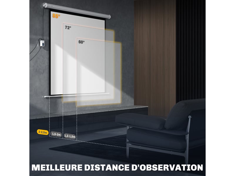  Écran de projection motorisé 85 pouces, 4k hd électrique, panneau de commande et télécommande, montage mural ou plafond  - Conforama R