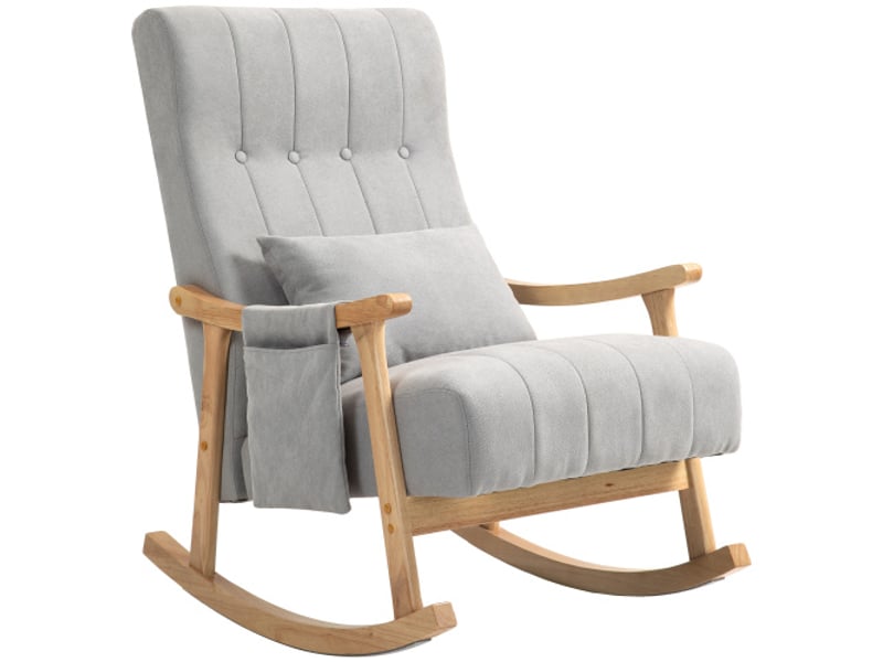  Fauteuil à bascule rembourré gris, coussin lombaire, poche latérale, cadre bois, aspect lin, salon et chambre  - Conforama A