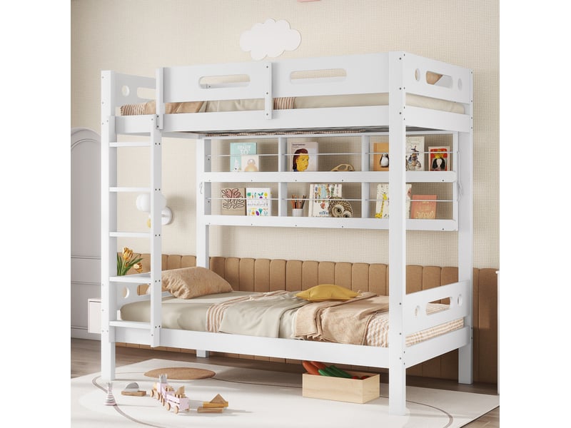  Lit superposé enfant blanc 90 x 200 cm avec étagères ouvertes et échelle 5 marches  - Conforama C
