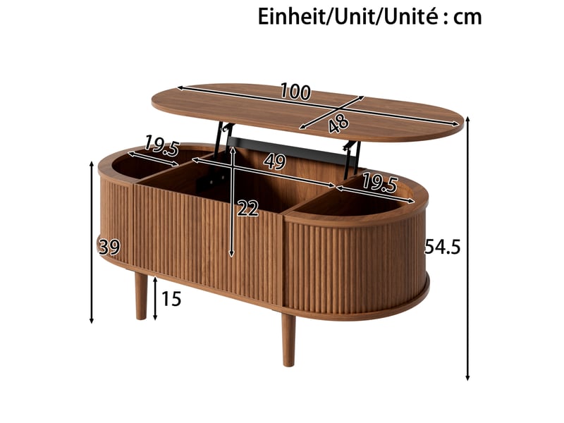  Table basse ovale relevable 100x48x54,5 cm coloris noyer avec rangement  - Conforama C