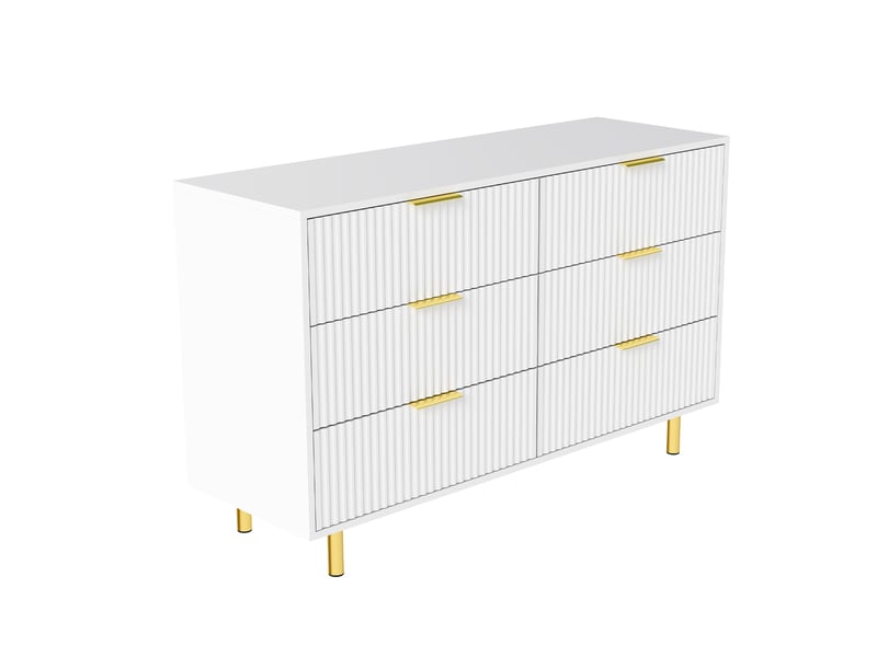 Commode 6 tiroirs, l120x p40xh72 cm, buffet design moderne pour chambre et salon, mdf avec pieds en métal, blanc et or - Conforama D