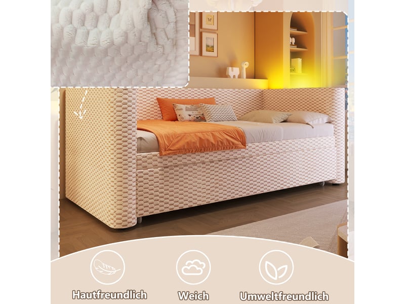  Lit de jour extensible et canapé lit en velours beige, lit gigogne 90x200 à 180x200 avec led  - Conforama R
