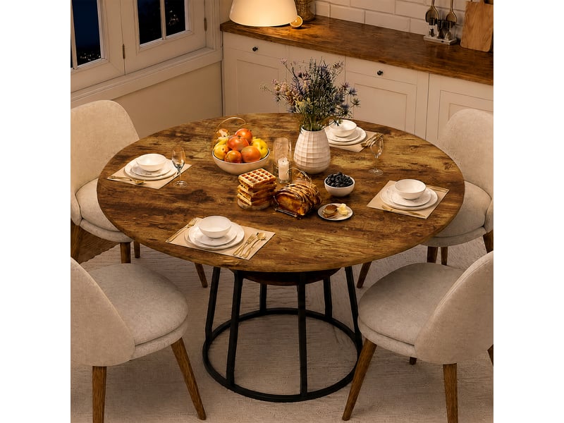  Table à manger ronde 120 cm marron, piètement métal noir, pour 6 personnes, salon ou salle à manger  - Conforama D