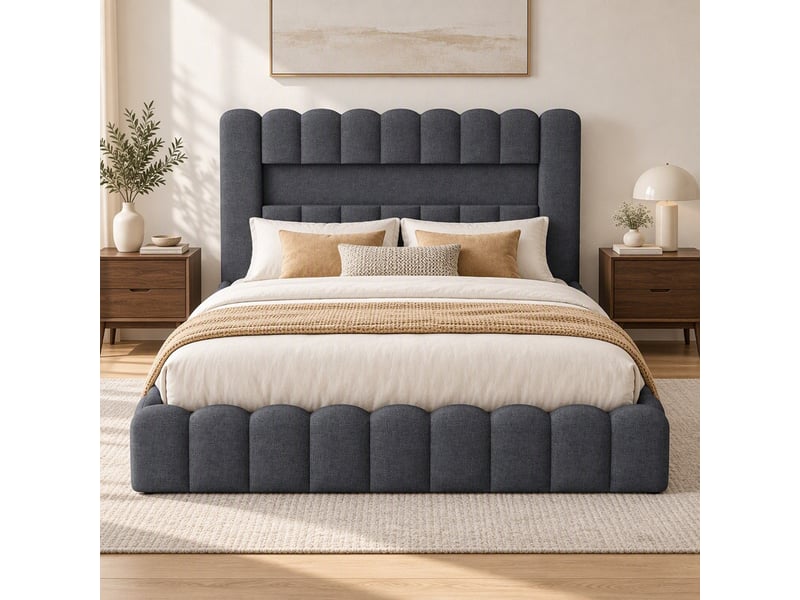  Lit coffre 2 places 160x200 cm, lit adulte avec rangement, compartiment, led, design simple, port usb, tissu lin gris  - Conforama C