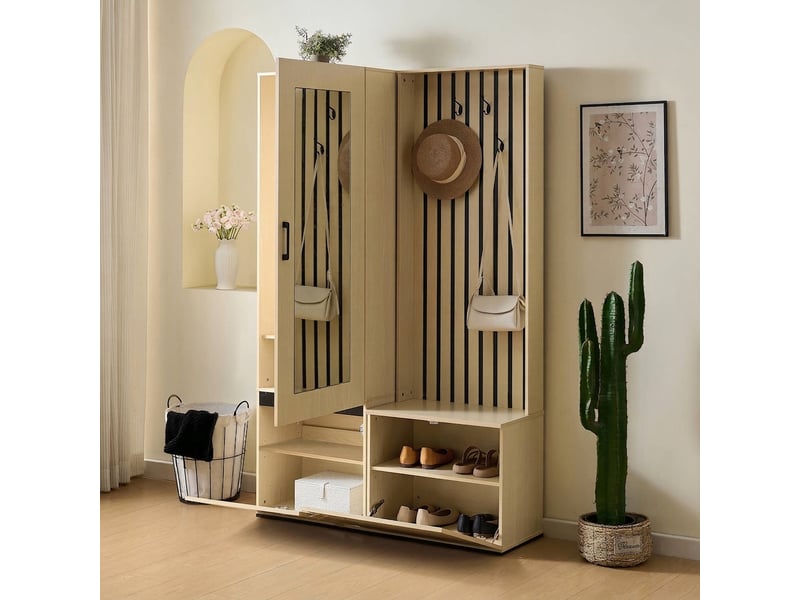 Vestiaire d'entrée avec miroir et banc à chaussures - ensemble meuble d'entrée moderne mdf bois clair - Conforama C