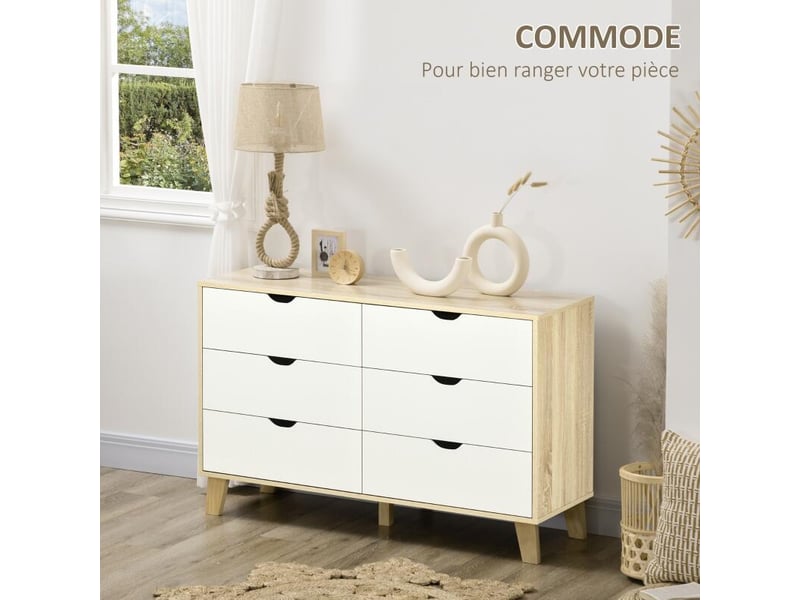  Commode 6 tiroirs style scandinave, meuble de rangement - dim. 120l x 40p x 76h cm, aspect bois et beige  - Conforama D