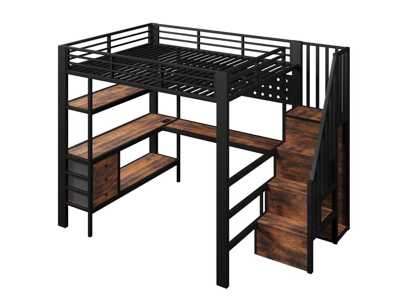 Lit mezzanine métal noir 140x200 cm avec bureau led tiroir panneau perforé prise - Conforama D