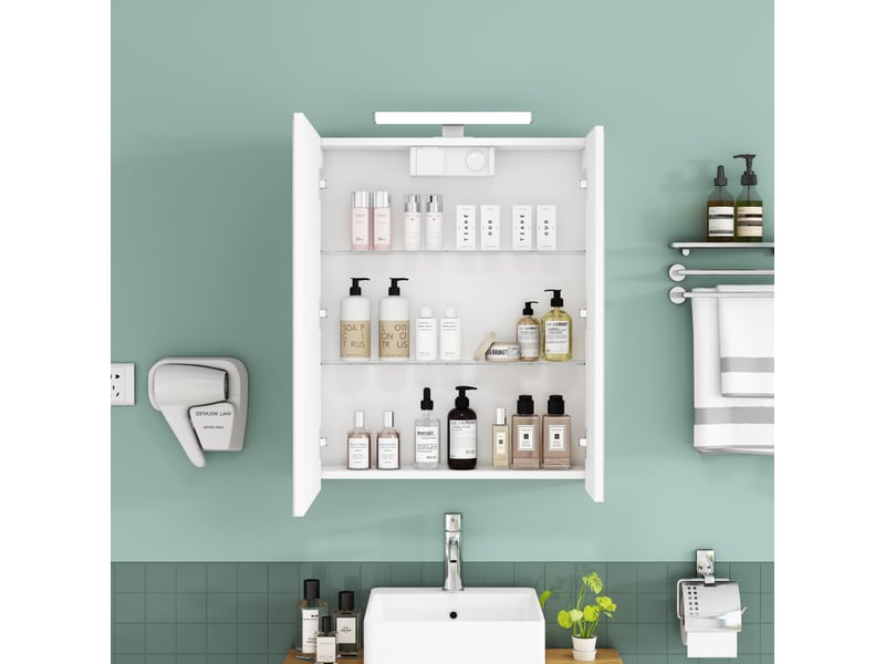 Meuble miroir salle de bain mural 60cm blanc led, prise fr, portes asymétriques, préassemblé - Conforama B