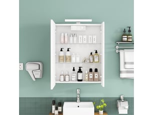 Meuble miroir salle de bain mural 60cm blanc led, prise fr, portes asymétriques, préassemblé