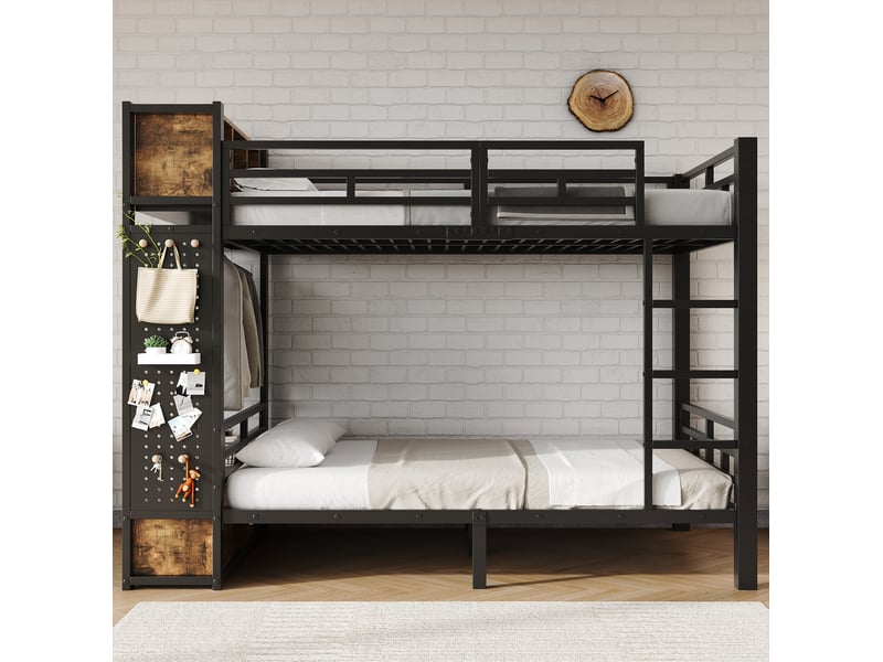  Lit superposé tcqpz 120 x 200 cm avec rangement tringle tiroir métal et bois noir noyer foncé  - Conforama D
