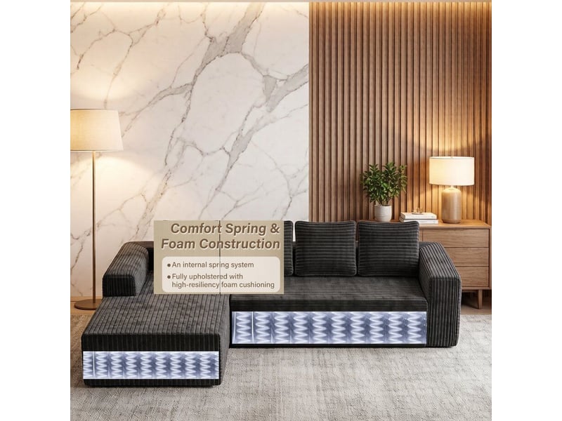  Canapé d’angle modulable 261 x 168 cm avec méridienne droite, assise profonde, velours côtelé, sans montage, gris  - Conforama E