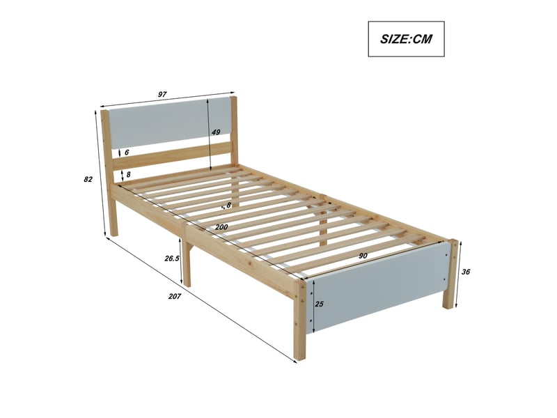  Lit simple 90x200 cm avec tête et pied de lit, bois et mdf, blanc et naturel sans matelas  - Conforama C