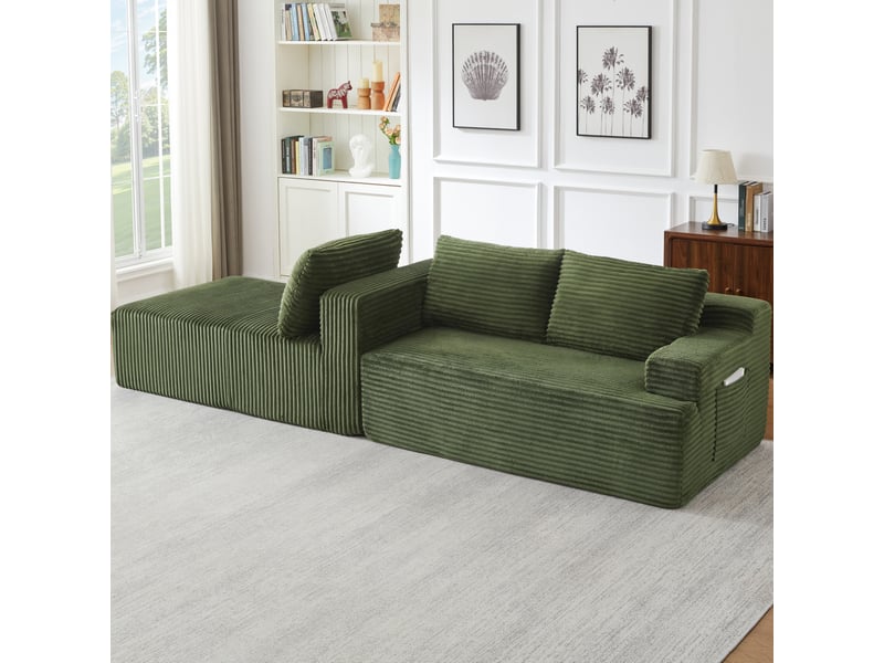  Canapé d'angle compressé en l 238x152x66 cm modulable 3 places, mousse et velours côtelé couleur vert, moderne  - Conforama E