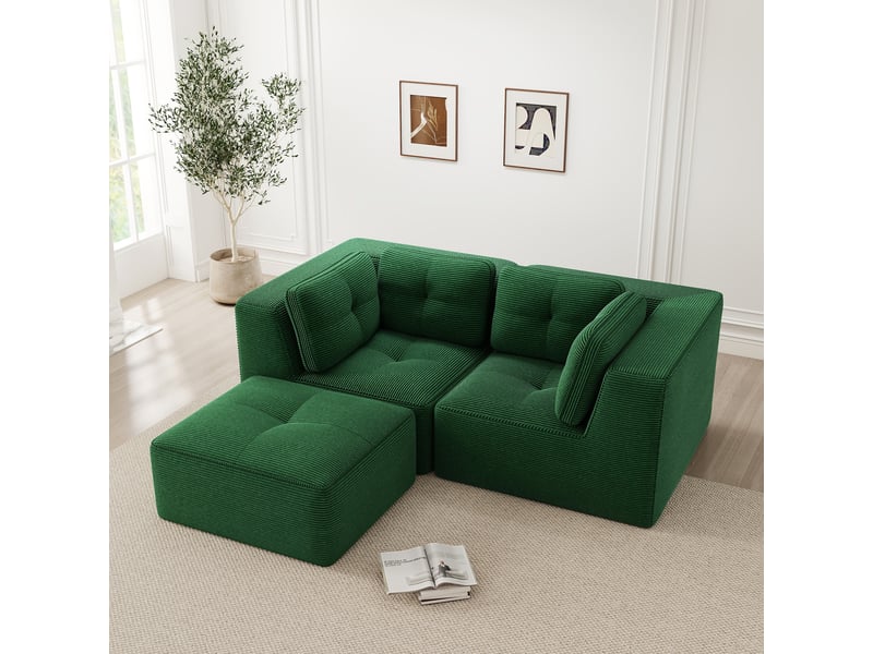  Canapé d'angle modulaire avec assise confortable et modules ajustables pour salon et chambre en tissu côtelé vert  - Conforama B