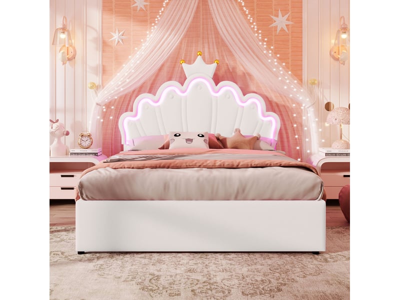  Lit enfant 140 x 200 cm en pu blanc avec led, 2 tiroirs et tête de lit couronne  - Conforama E